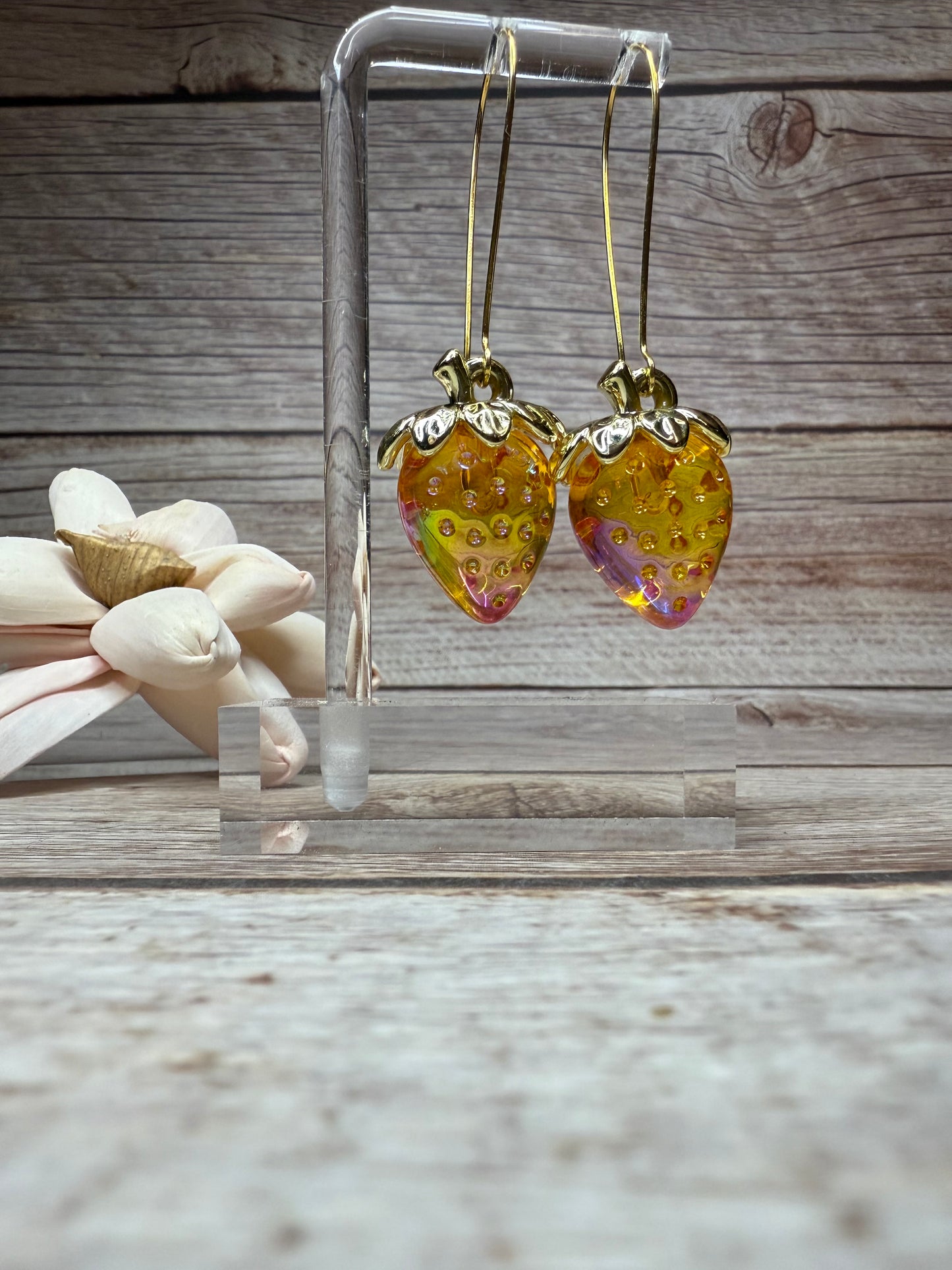 Iridescent Strawberry Earrings - Acrylic Fruit Earrings on French Hooks - Handmade Kawaii Jewelry, Summer Fruit Colorful Strawberry Earrings