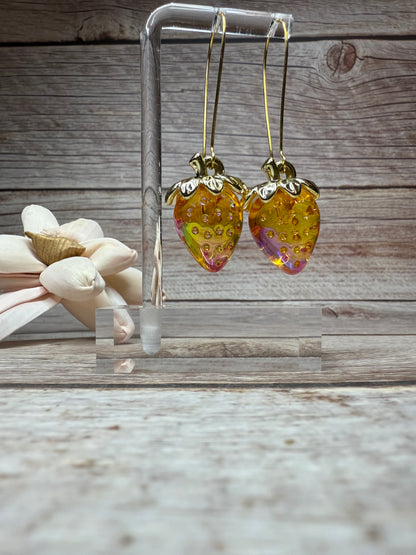 Iridescent Strawberry Earrings - Acrylic Fruit Earrings on French Hooks - Handmade Kawaii Jewelry, Summer Fruit Colorful Strawberry Earrings