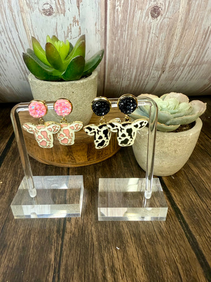 Druzy Cow Print Dangle Earrings | Western Jewelry | Pink or Black Sparkle Stud Earrings | Farm Animal Jewelry | Handmade Cowgirl Earrings
