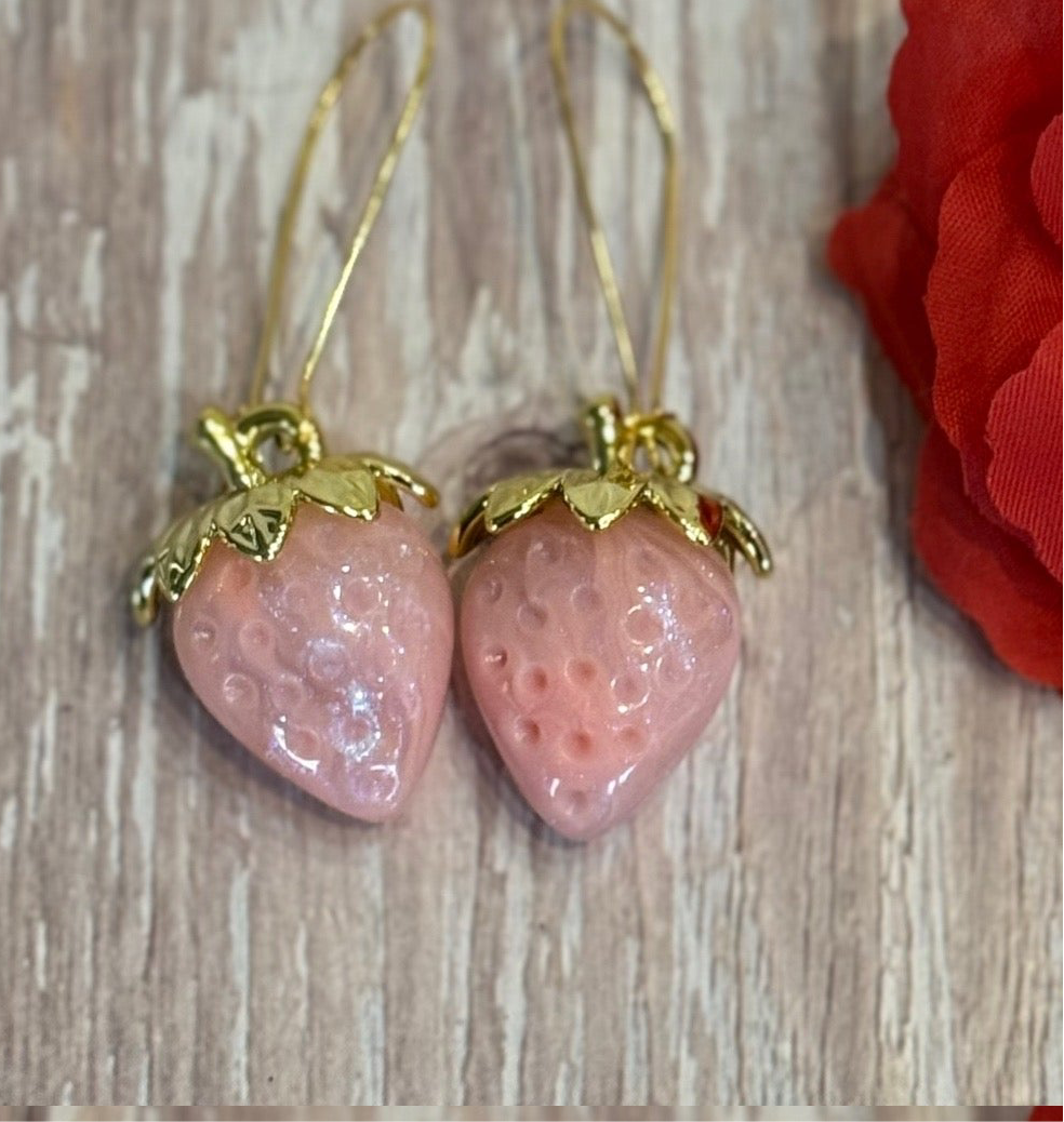 Iridescent Strawberry Earrings - Acrylic Fruit Earrings on French Hooks - Handmade Kawaii Jewelry, Summer Fruit Colorful Strawberry Earrings