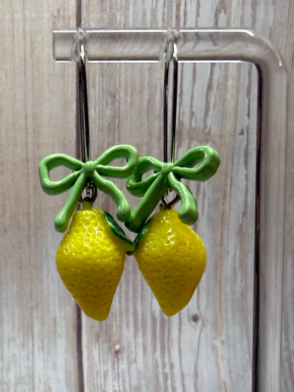 Lemon Bow Dangle Earrings, Hypoallergenic French Hooks, Cute Citrus Earrings, Summer Fruit Jewelry, Gift for Her