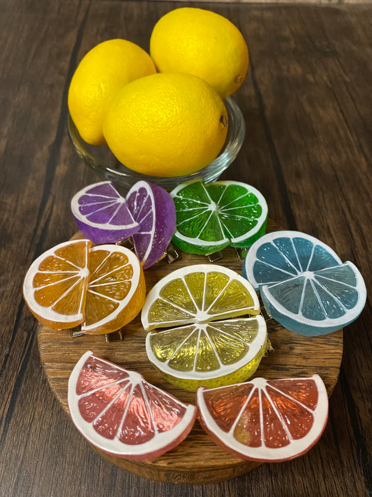 Summer Citrus Hairclips, Brightly Colored Candy Coated Fruit Hair Accessories, Unique Barrettes, Rainbow, Lemon Hair Clips, 2 pc set