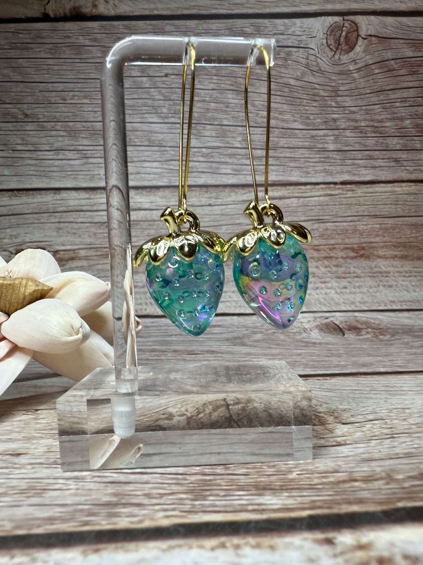 Iridescent Strawberry Earrings - Acrylic Fruit Earrings on French Hooks - Handmade Kawaii Jewelry, Summer Fruit Colorful Strawberry Earrings