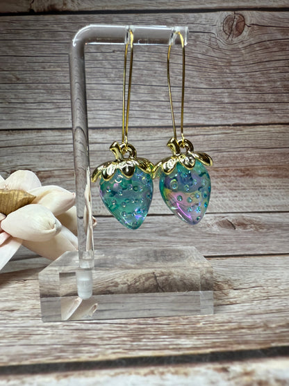 Iridescent Strawberry Earrings - Acrylic Fruit Earrings on French Hooks - Handmade Kawaii Jewelry, Summer Fruit Colorful Strawberry Earrings