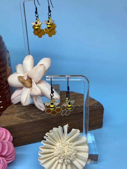 Bee Earrings, Handmade Honeycomb and Bee Fishhook Earrings, Nature-Inspired Jewelry, Unique Gift