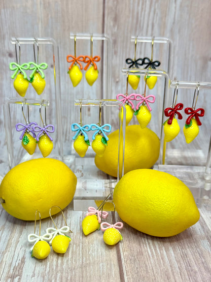 Lemon Bow Dangle Earrings, Hypoallergenic French Hooks, Cute Citrus Earrings, Summer Fruit Jewelry, Gift for Her