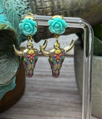 Boho Western Longhorn Skull Earrings with Resin Rose Studs - Floral Bull Head Dangle Earrings - Handmade Country Chic Statement Jewelry