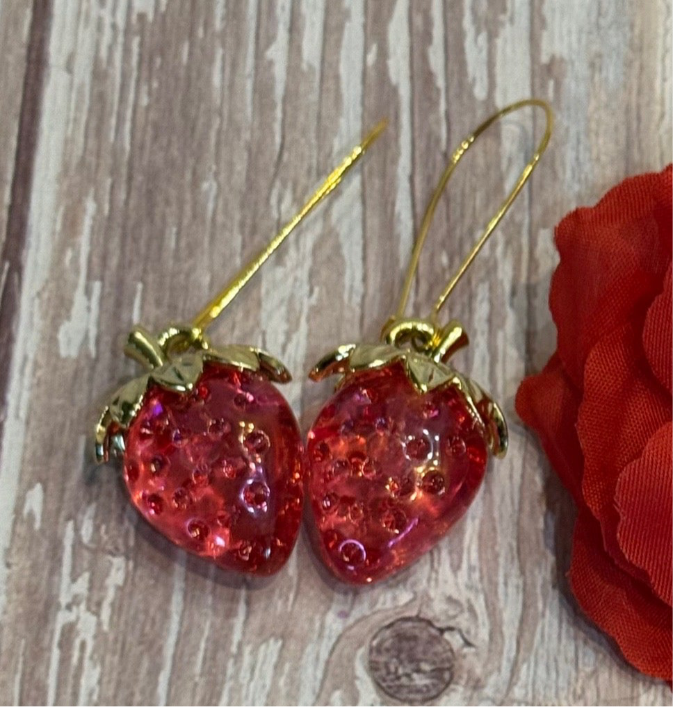 Iridescent Strawberry Earrings - Acrylic Fruit Earrings on French Hooks - Handmade Kawaii Jewelry, Summer Fruit Colorful Strawberry Earrings
