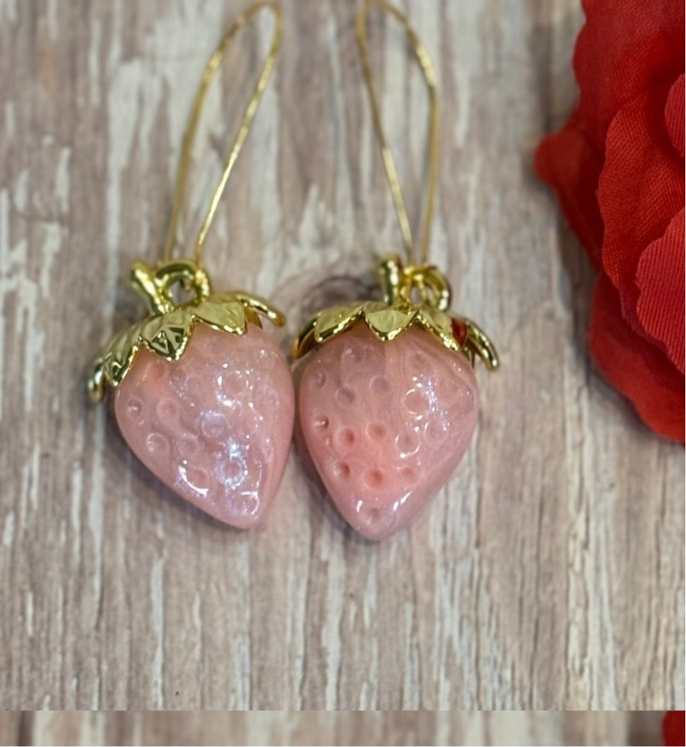 Iridescent Strawberry Earrings - Acrylic Fruit Earrings on French Hooks - Handmade Kawaii Jewelry, Summer Fruit Colorful Strawberry Earrings