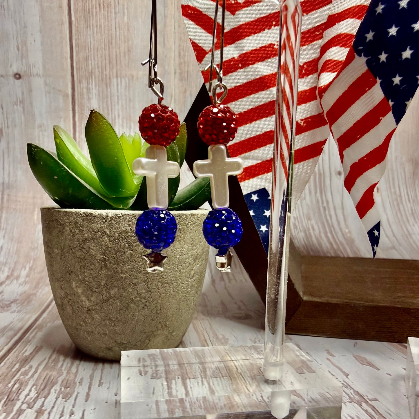 Patriotic Cross Earrings, Red White Blue Rhinestone Dangle Earrings, 4th of July Jewelry, Christian Gift, Memorial Day, Choose Your Hook Style