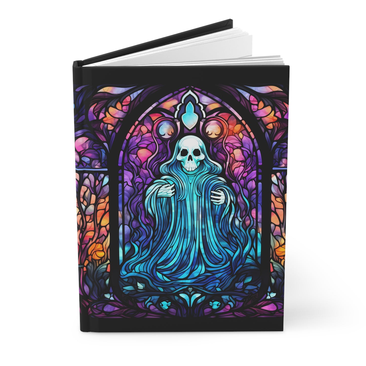 Ghost Hardcover Journal, Halloween themed Hardbound Notebook, Colorful Ghost with Stained Glass Background