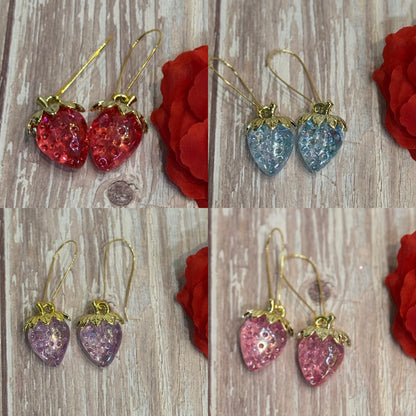 Iridescent Strawberry Earrings - Acrylic Fruit Earrings on French Hooks - Handmade Kawaii Jewelry, Summer Fruit Colorful Strawberry Earrings