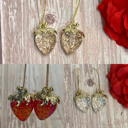Iridescent Strawberry Earrings - Acrylic Fruit Earrings on French Hooks - Handmade Kawaii Jewelry, Summer Fruit Colorful Strawberry Earrings