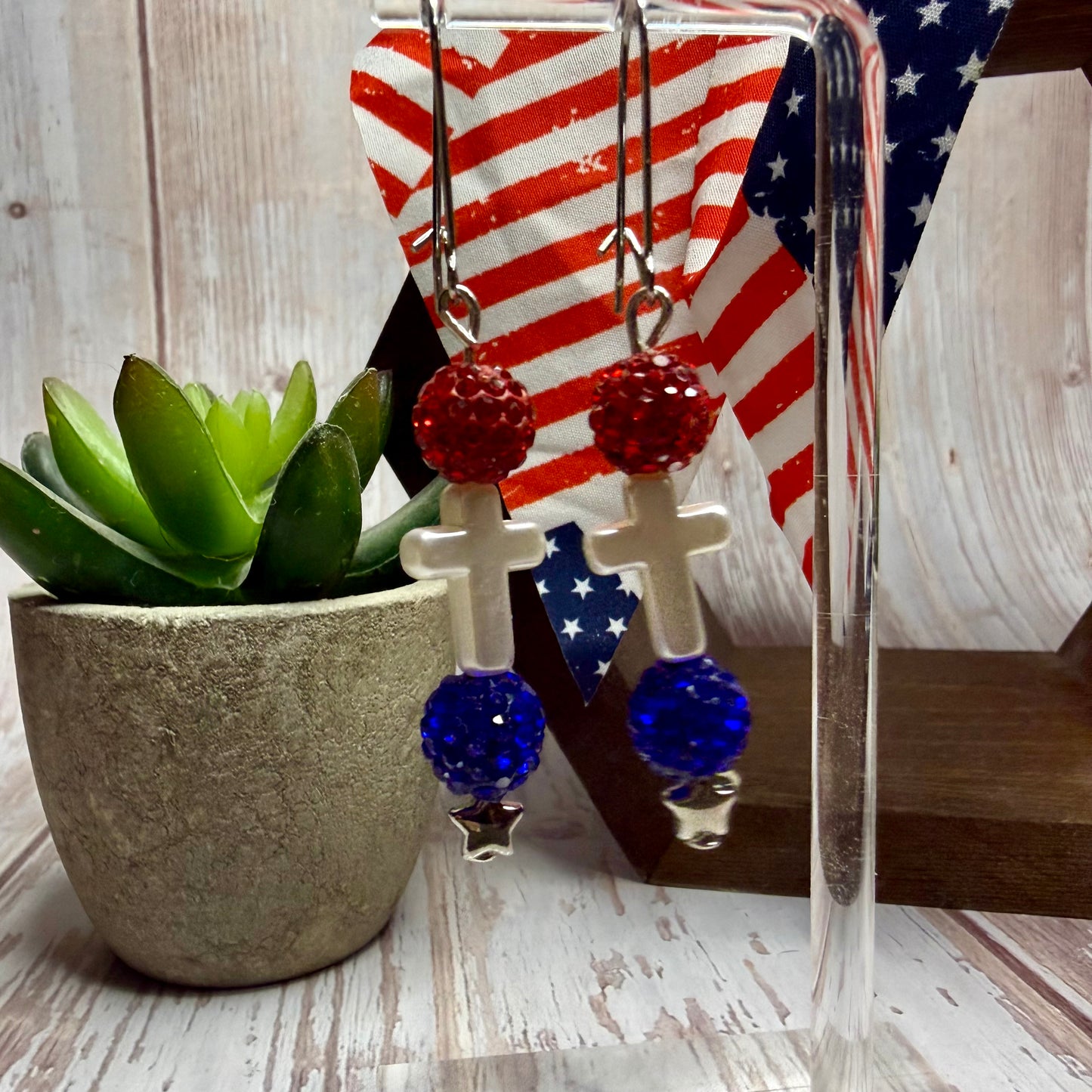 Patriotic Cross Earrings, Red White Blue Rhinestone Dangle Earrings, 4th of July Jewelry, Christian Gift, Memorial Day, Choose Your Hook Style