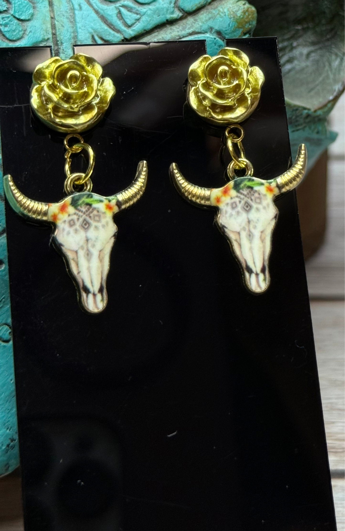Boho Western Longhorn Skull Earrings with Resin Rose Studs - Floral Bull Head Dangle Earrings - Handmade Country Chic Statement Jewelry
