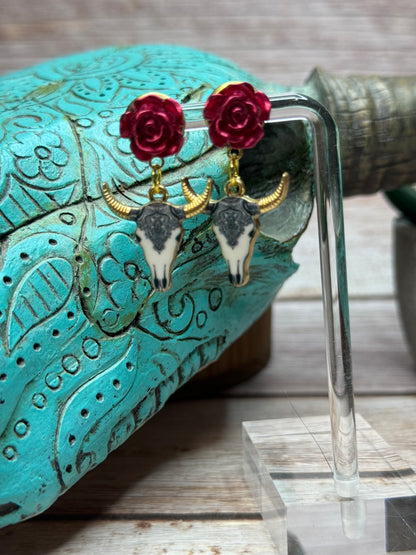 Boho Western Longhorn Skull Earrings with Resin Rose Studs - Floral Bull Head Dangle Earrings - Handmade Country Chic Statement Jewelry