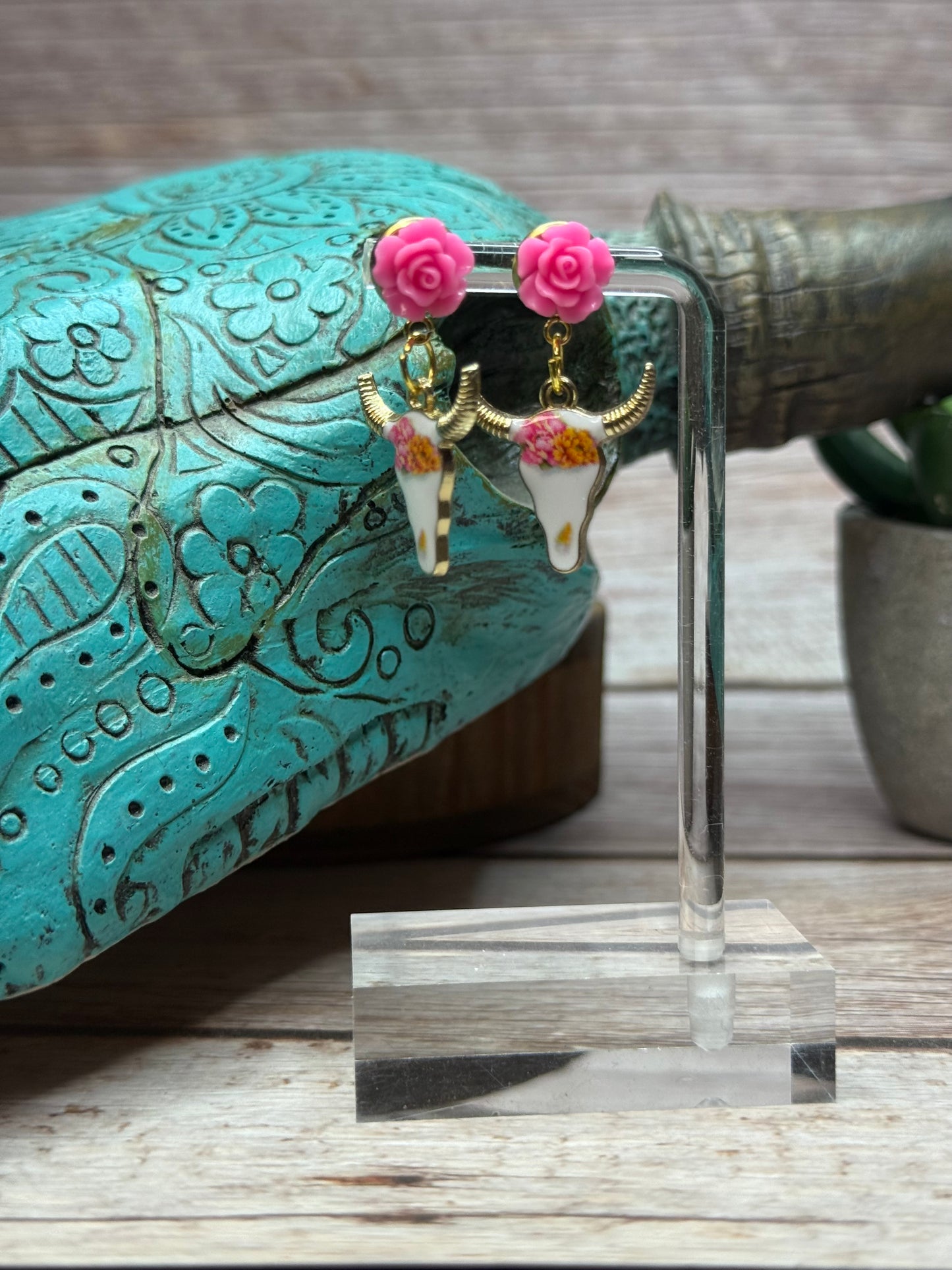 Boho Western Longhorn Skull Earrings with Resin Rose Studs - Floral Bull Head Dangle Earrings - Handmade Country Chic Statement Jewelry