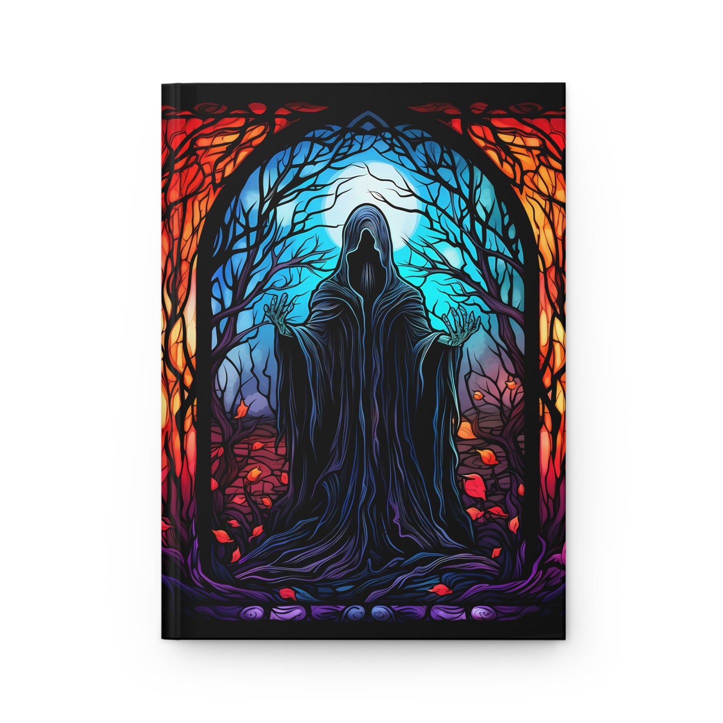 Ghost Hardcover Journal, Halloween themed Hardbound Notebook, Colorful Ghost with Stained Glass Background