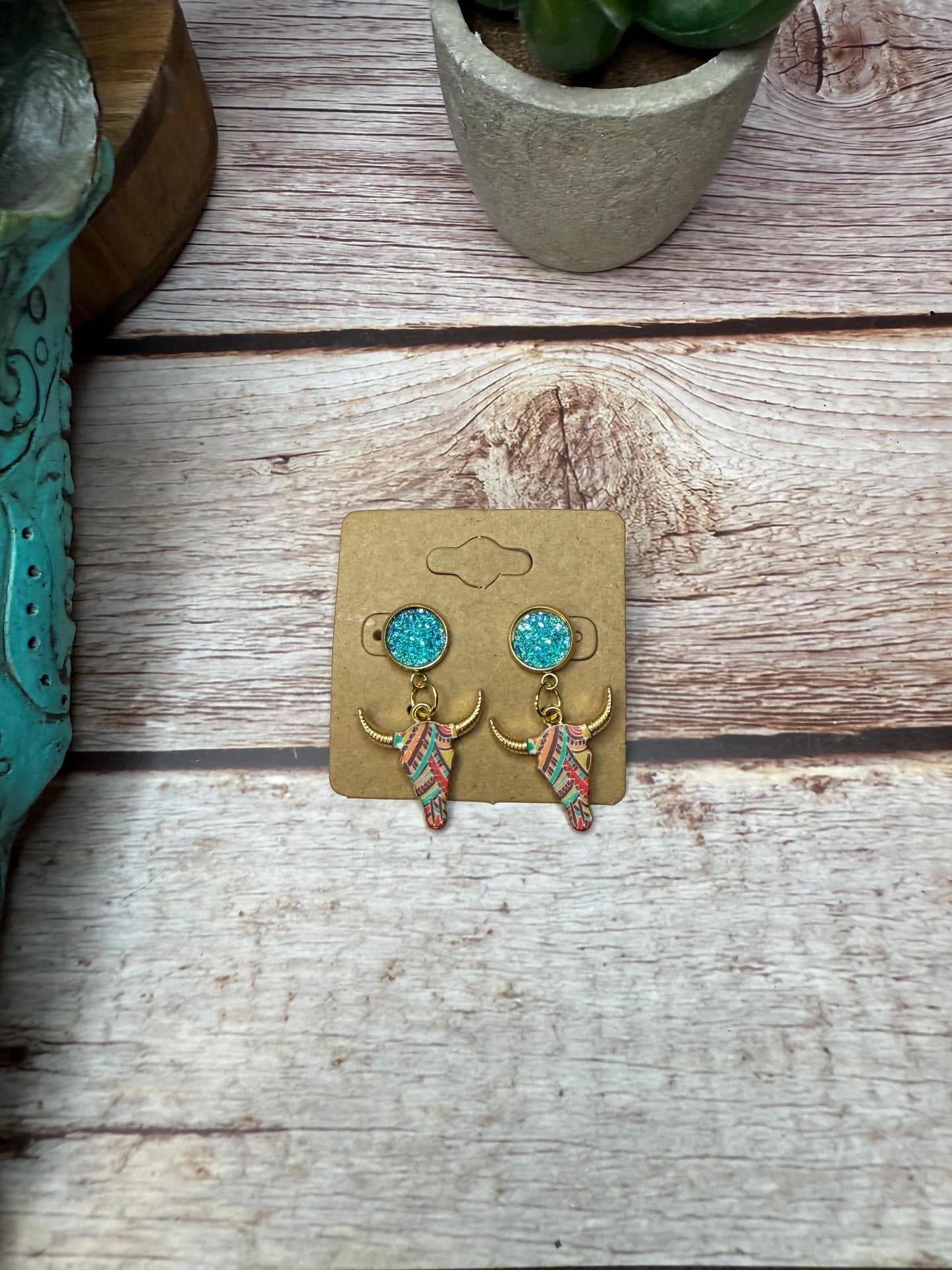 Boho Western Longhorn Skull Earrings with Druzy Studs - Floral Bull Head Dangle Earrings - Country Chic Jewelry - Cowgirl Statement Earrings