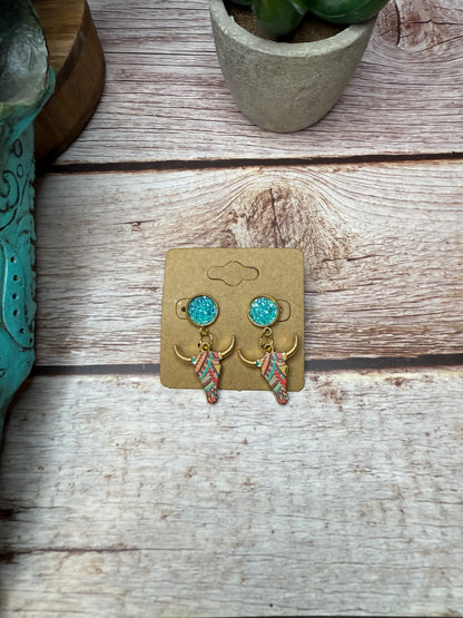 Boho Western Longhorn Skull Earrings with Druzy Studs - Floral Bull Head Dangle Earrings - Country Chic Jewelry - Cowgirl Statement Earrings