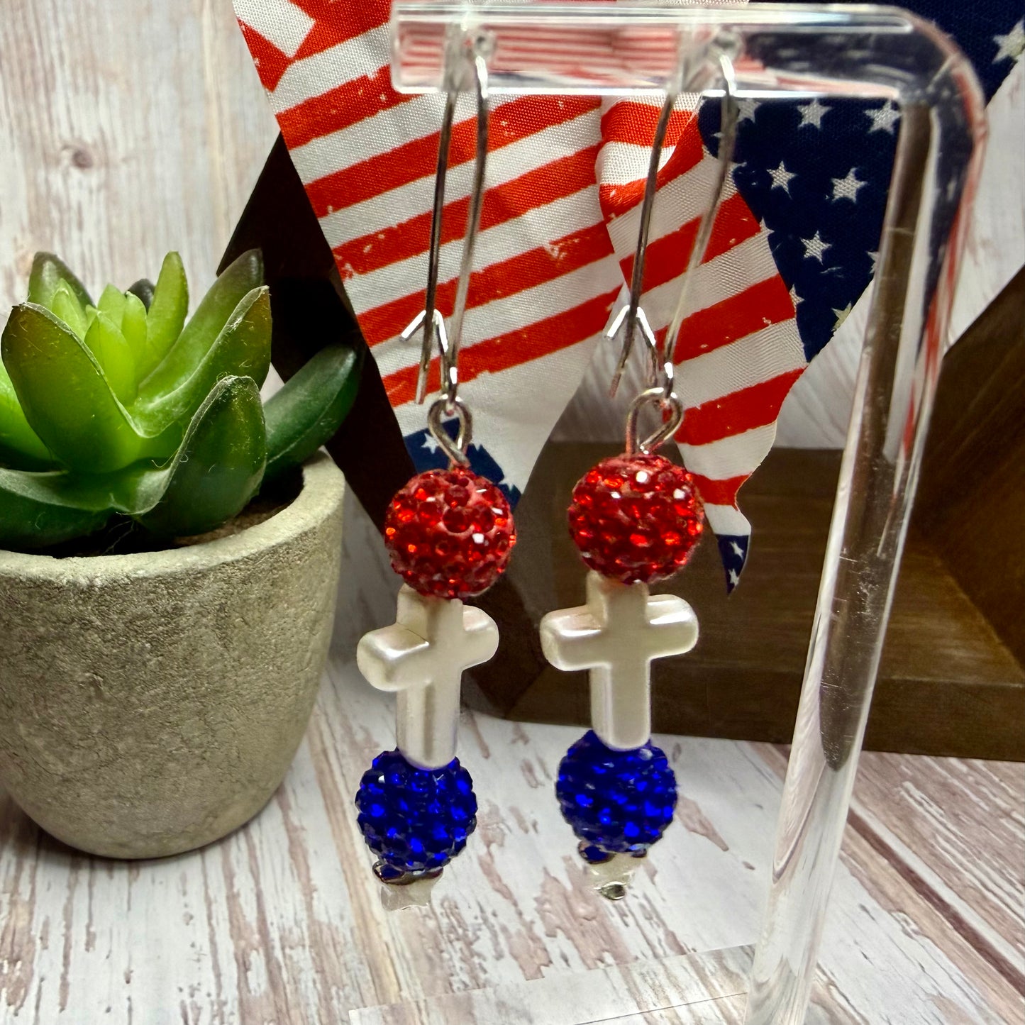 Patriotic Cross Earrings, Red White Blue Rhinestone Dangle Earrings, 4th of July Jewelry, Christian Gift, Memorial Day, Choose Your Hook Style