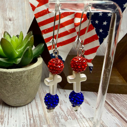 Patriotic Cross Earrings, Red White Blue Rhinestone Dangle Earrings, 4th of July Jewelry, Christian Gift, Memorial Day, Choose Your Hook Style