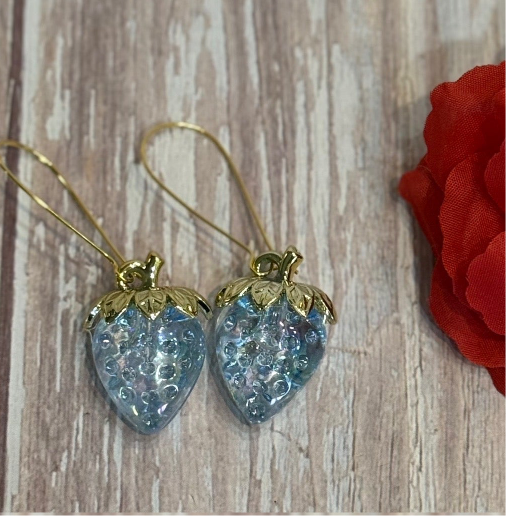 Iridescent Strawberry Earrings - Acrylic Fruit Earrings on French Hooks - Handmade Kawaii Jewelry, Summer Fruit Colorful Strawberry Earrings