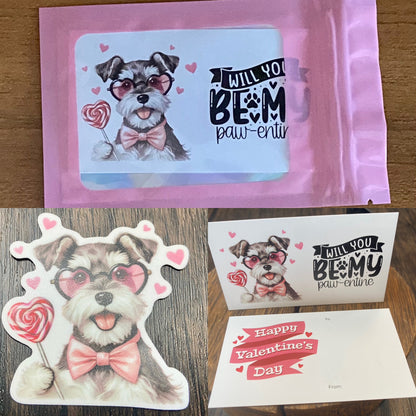 Adorable Dog Puppy Valentine with Matching 2” Vinyl Sticker Perfect Non-Candy Gift for Kids & Class Parties, Valentine Themed Dog Card & Sticker Combo