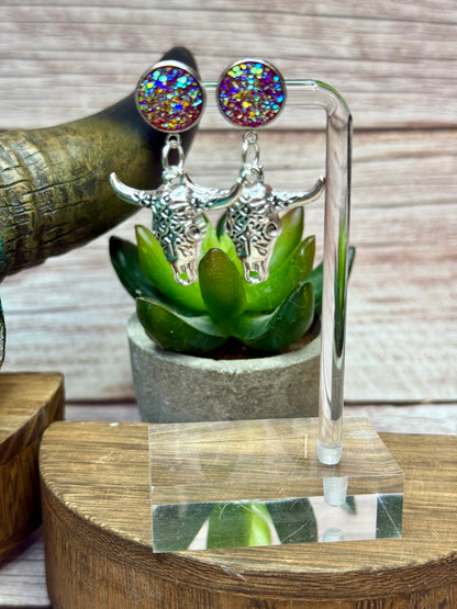 Druzy Western Cow Skull Earrings - Boho Silver Longhorn Dangle Earrings - Southwestern Statement Jewelry - Handmade Festival Earrings