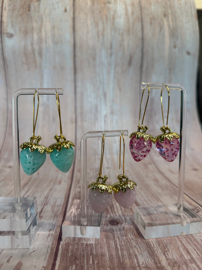 Iridescent Strawberry Earrings - Acrylic Fruit Earrings on French Hooks - Handmade Kawaii Jewelry, Summer Fruit Colorful Strawberry Earrings