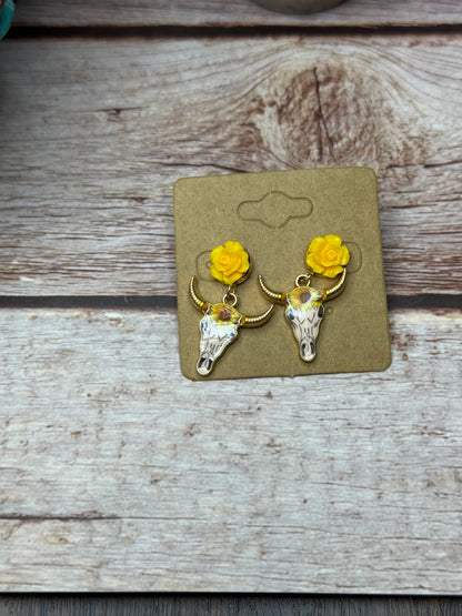 Boho Western Longhorn Skull Earrings with Resin Rose Studs - Floral Bull Head Dangle Earrings - Handmade Country Chic Statement Jewelry