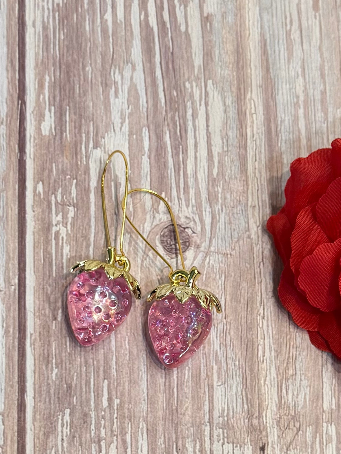 Iridescent Strawberry Earrings - Acrylic Fruit Earrings on French Hooks - Handmade Kawaii Jewelry, Summer Fruit Colorful Strawberry Earrings