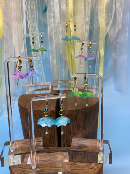 Gemstone Umbrella Dangle Earrings in Blue, Green, and Purple - Handcrafted Rainy Day Jewelry