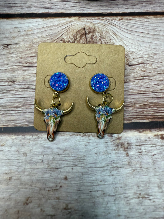 Boho Western Longhorn Skull Earrings with Druzy Studs - Floral Bull Head Dangle Earrings - Country Chic Jewelry - Cowgirl Statement Earrings