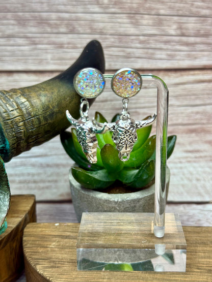 Druzy Western Cow Skull Earrings - Boho Silver Longhorn Dangle Earrings - Southwestern Statement Jewelry - Handmade Festival Earrings