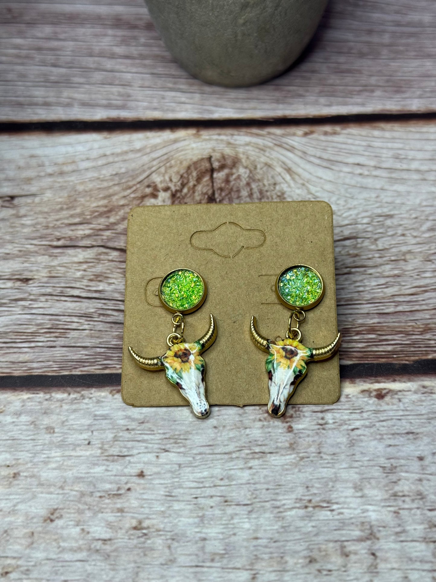 Boho Western Longhorn Skull Earrings with Druzy Studs - Floral Bull Head Dangle Earrings - Country Chic Jewelry - Cowgirl Statement Earrings