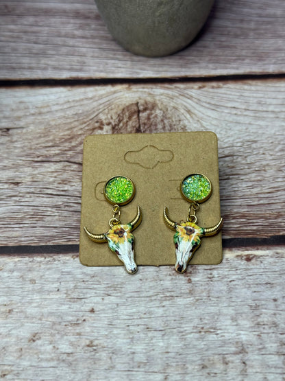 Boho Western Longhorn Skull Earrings with Druzy Studs - Floral Bull Head Dangle Earrings - Country Chic Jewelry - Cowgirl Statement Earrings