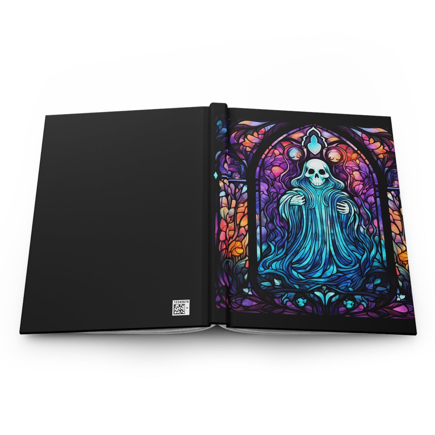 Ghost Hardcover Journal, Halloween themed Hardbound Notebook, Colorful Ghost with Stained Glass Background