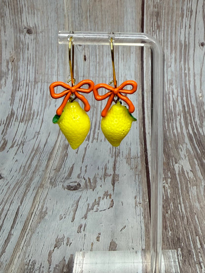 Lemon Bow Dangle Earrings, Hypoallergenic French Hooks, Cute Citrus Earrings, Summer Fruit Jewelry, Gift for Her