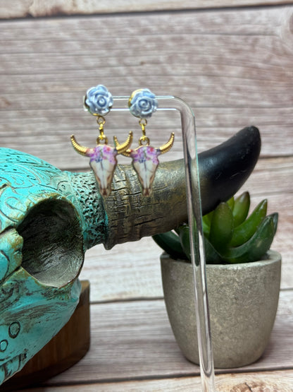 Boho Western Longhorn Skull Earrings with Resin Rose Studs - Floral Bull Head Dangle Earrings - Handmade Country Chic Statement Jewelry