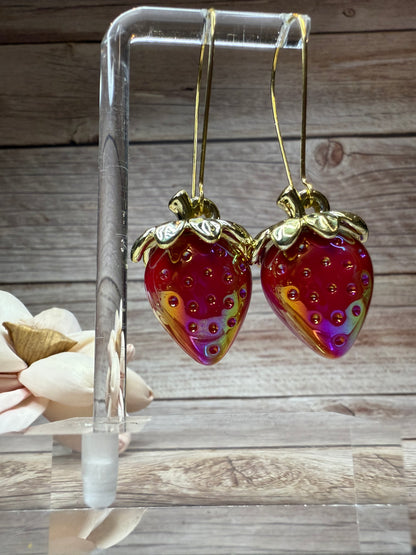 Iridescent Strawberry Earrings - Acrylic Fruit Earrings on French Hooks - Handmade Kawaii Jewelry, Summer Fruit Colorful Strawberry Earrings