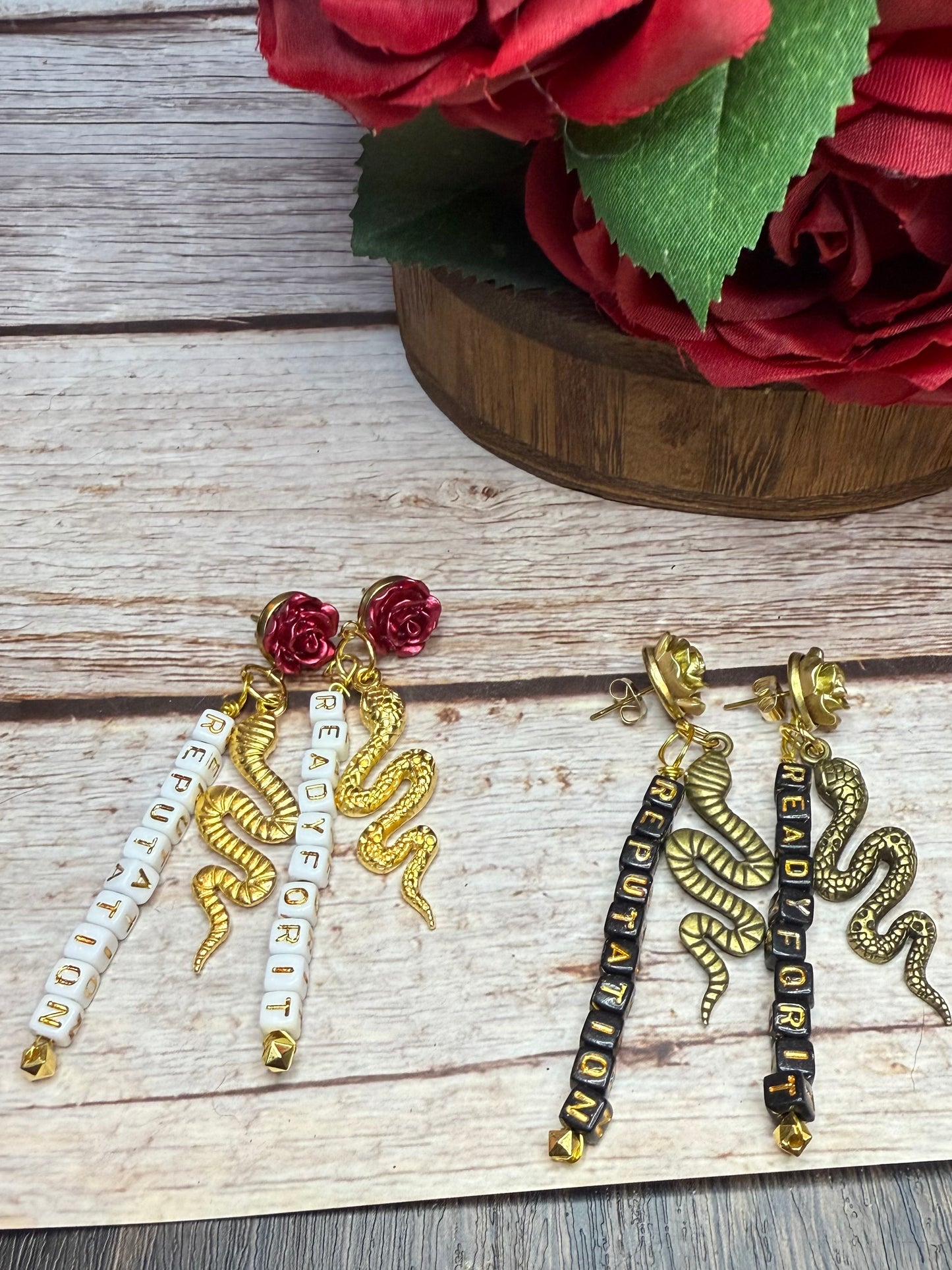 Reputation Inspired Rose Snake Earrings | Ready For It Friendship Beads | Swiftie Gift | Hypoallergenic Statement Dangle | Music Lover Jewelry