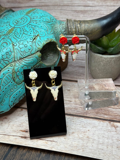 Boho Western Longhorn Skull Earrings with Resin Rose Studs - Floral Bull Head Dangle Earrings - Handmade Country Chic Statement Jewelry
