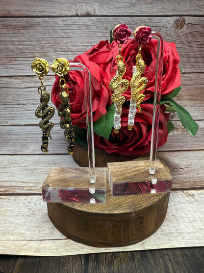 Reputation Inspired Rose Snake Earrings | Ready For It Friendship Beads | Swiftie Gift | Hypoallergenic Statement Dangle | Music Lover Jewelry