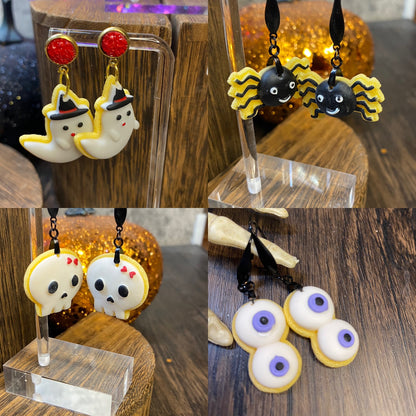 Handmade Halloween Sugar Cookie Earrings - Spooky Cute Spooky Jewelry - Ghosts, Pumpkins, and Bats Earrings - Halloween Accessories