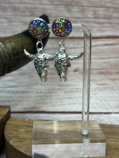 Druzy Western Cow Skull Earrings - Boho Silver Longhorn Dangle Earrings - Southwestern Statement Jewelry - Handmade Festival Earrings