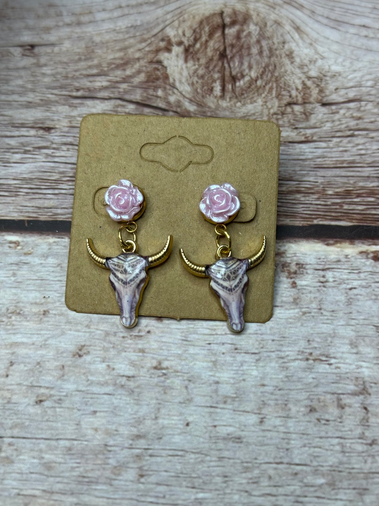 Boho Western Longhorn Skull Earrings with Resin Rose Studs - Floral Bull Head Dangle Earrings - Handmade Country Chic Statement Jewelry