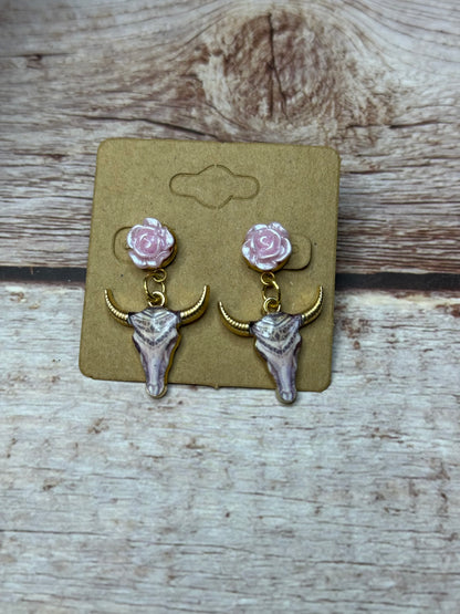 Boho Western Longhorn Skull Earrings with Resin Rose Studs - Floral Bull Head Dangle Earrings - Handmade Country Chic Statement Jewelry