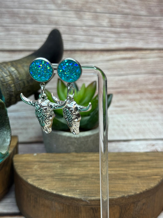 Druzy Western Cow Skull Earrings - Boho Silver Longhorn Dangle Earrings - Southwestern Statement Jewelry - Handmade Festival Earrings