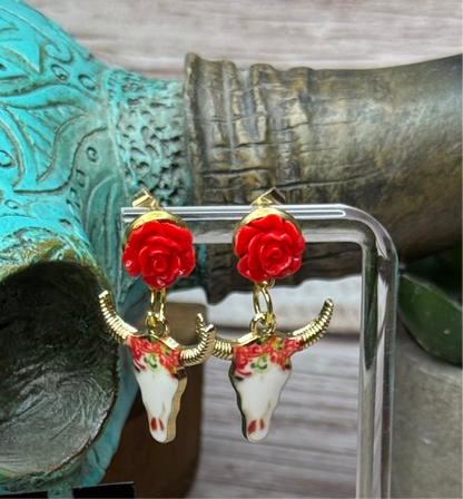 Boho Western Longhorn Skull Earrings with Resin Rose Studs - Floral Bull Head Dangle Earrings - Handmade Country Chic Statement Jewelry
